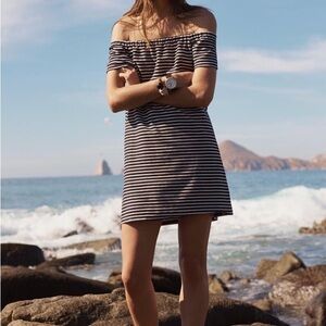 Madewell Black and White Striped Off-Shoulder Mini Dress